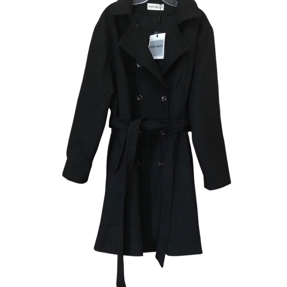 Hanna Nikole Women’s Wool Dress Coat 24W Black Pea Coat Double Breast Belted NWT - Picture 2 of 10